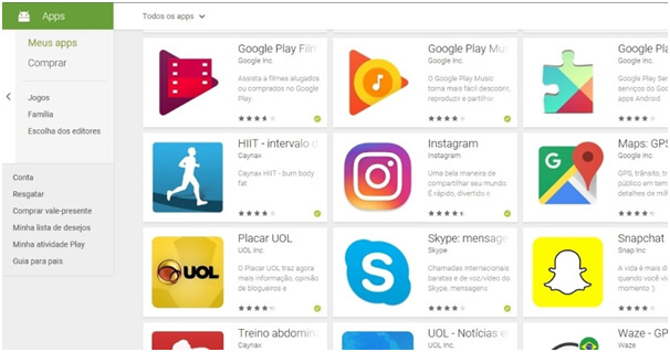 Aplicativos recomendados pela Play Store