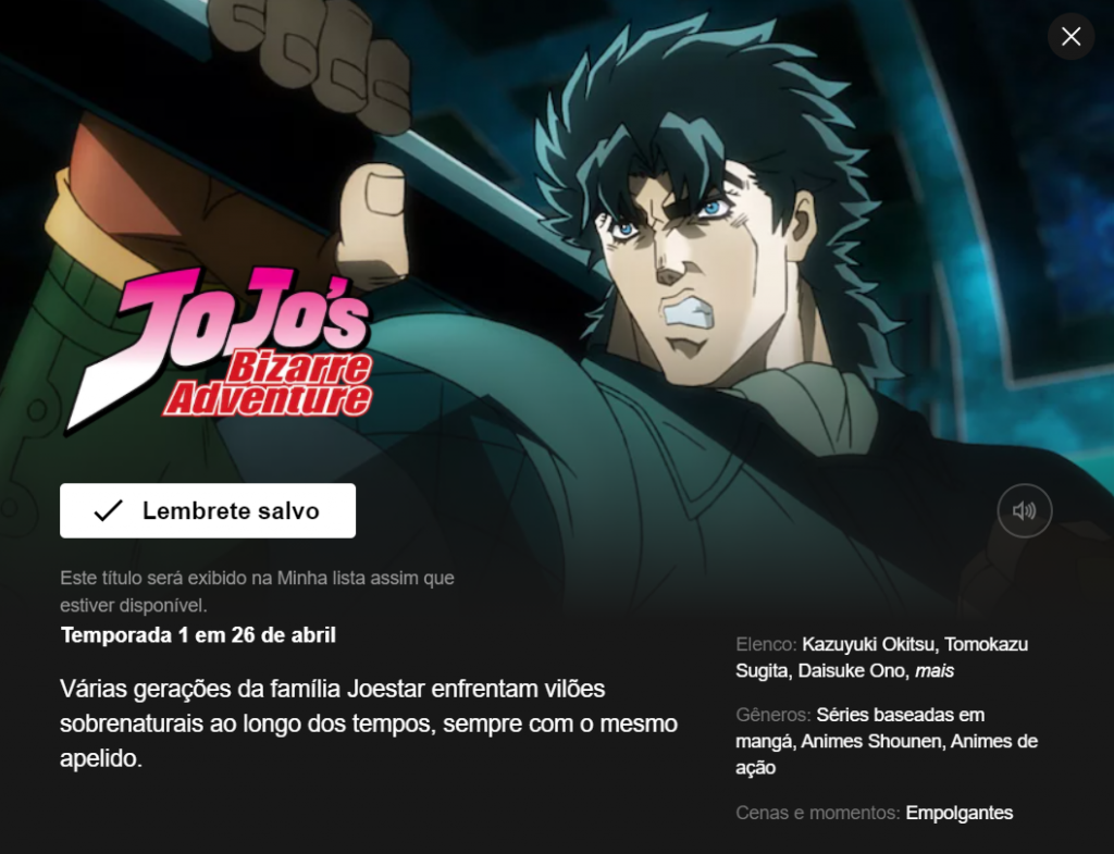 1ª temporada de JoJo’s Bizarre Adventure ganha data de estreia na Netflix