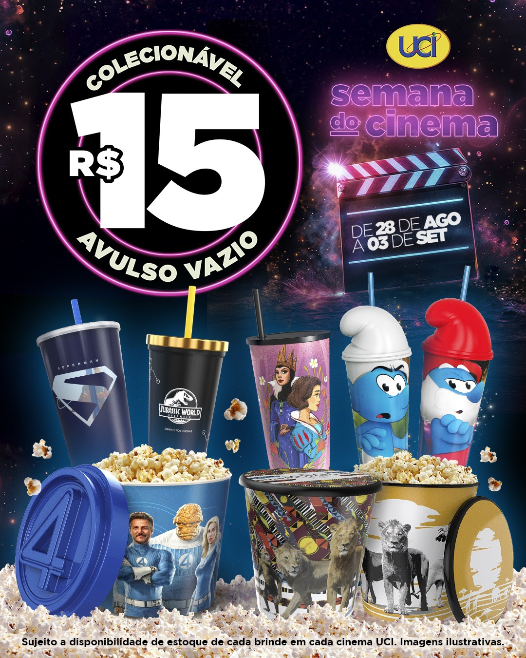 UCI divulga promoção de copos e baldes colecionáveis por R$15 durante Semana do Cinema